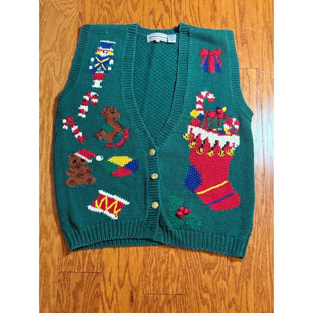 Vintage Westbound Christmas Sweater Vest Green 80s Holiday Nutcracker Stocking M